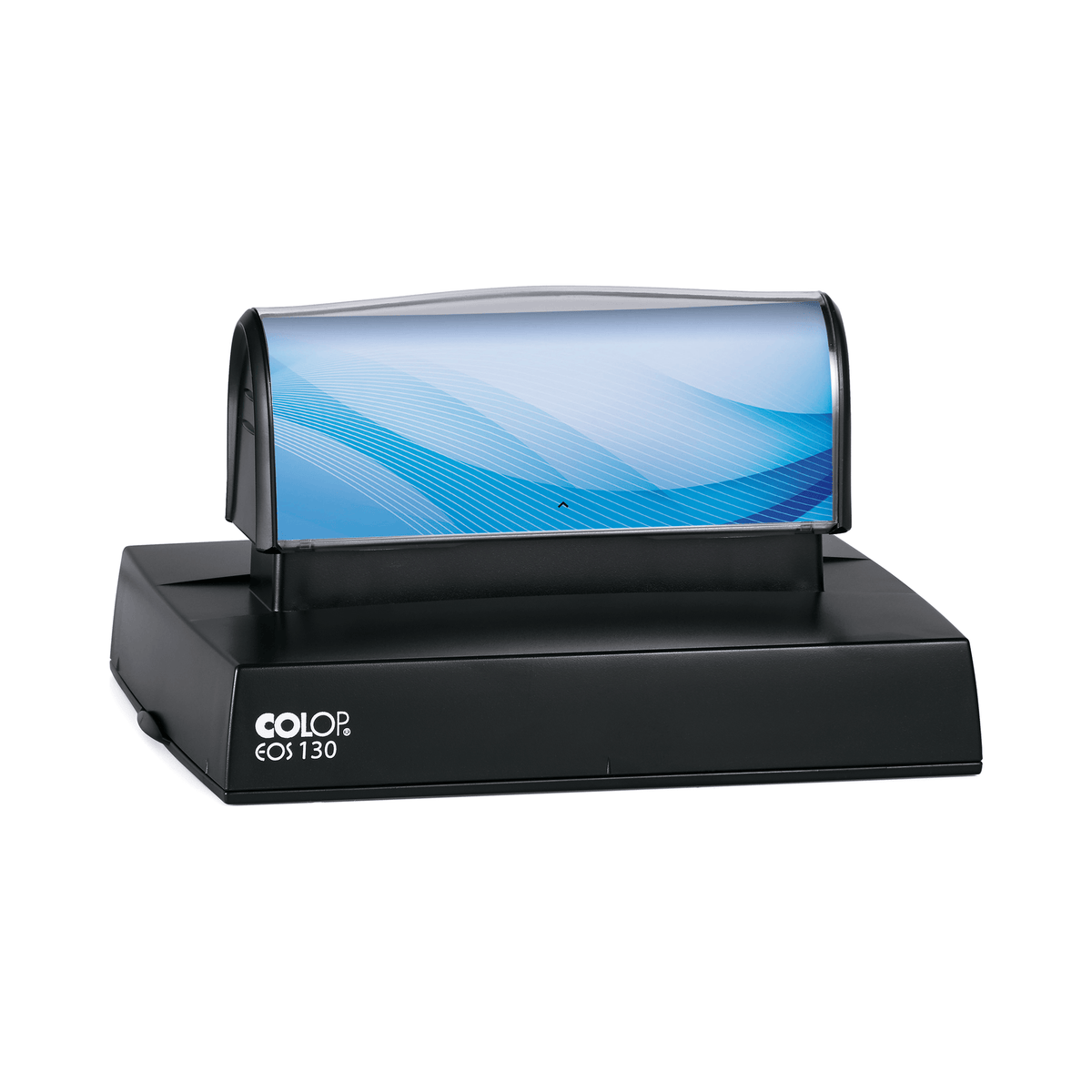 COLOP EOS 130 stamp, 114 × 89 mm, shown with a sample blue insert design
