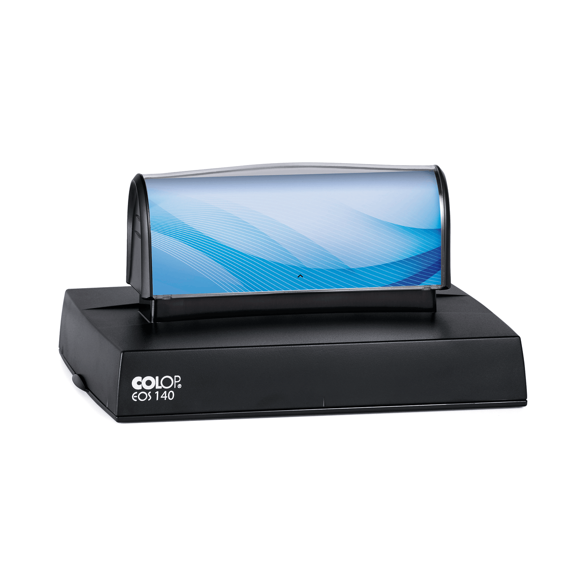 COLOP EOS 140 stamp, 121 × 89 mm, shown with a sample blue insert design
