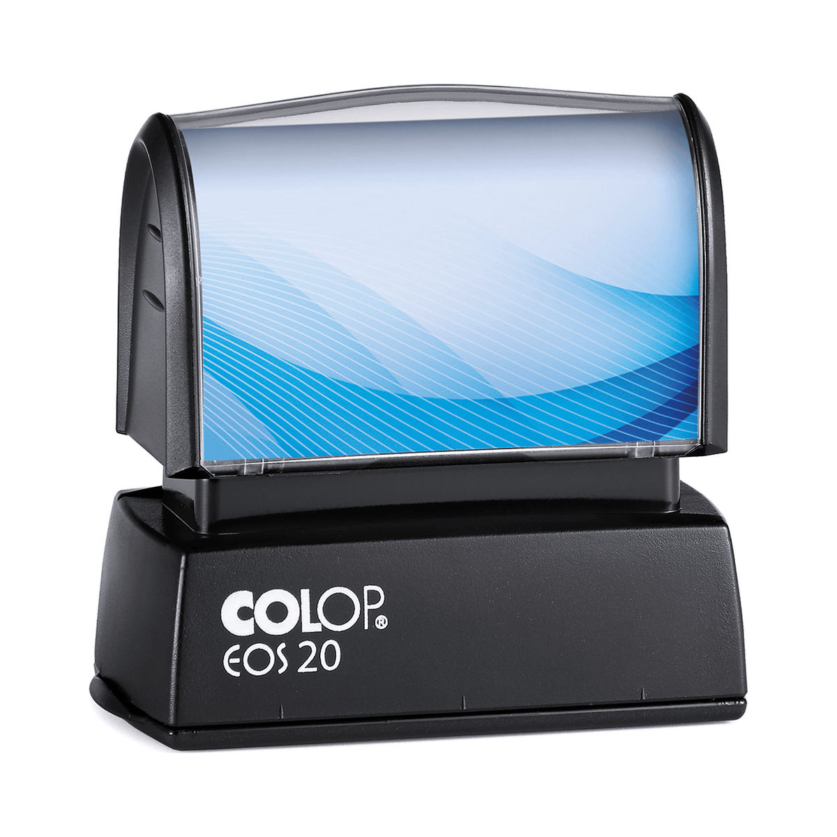COLOP EOS 20 personalised text stamp, 38 × 14 mm, shown with a sample blue insert design