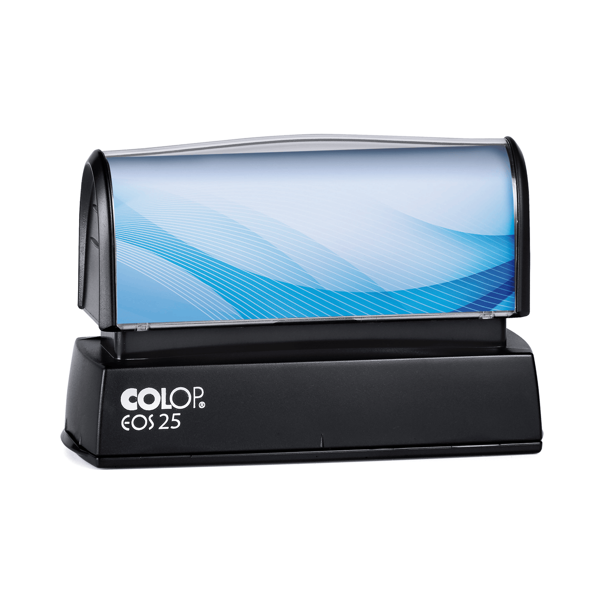 COLOP EOS 25 personalised text stamp, 76 × 15 mm, shown with a sample blue insert design