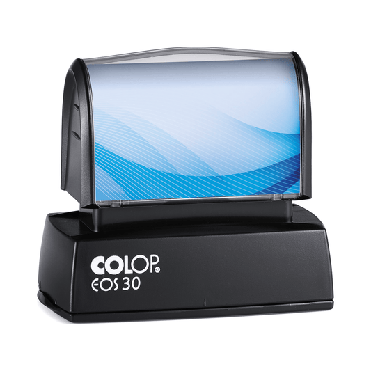 COLOP EOS 30 personalised text stamp, 51 × 18 mm, shown with a sample blue insert design