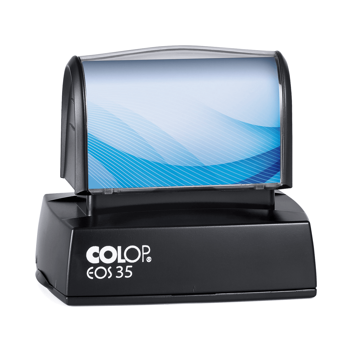 COLOP EOS 35 stamp, 51 × 30 mm, shown with a sample blue insert design