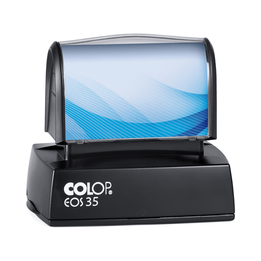 COLOP EOS 35 stamp, 51 × 30 mm, shown with a sample blue insert design