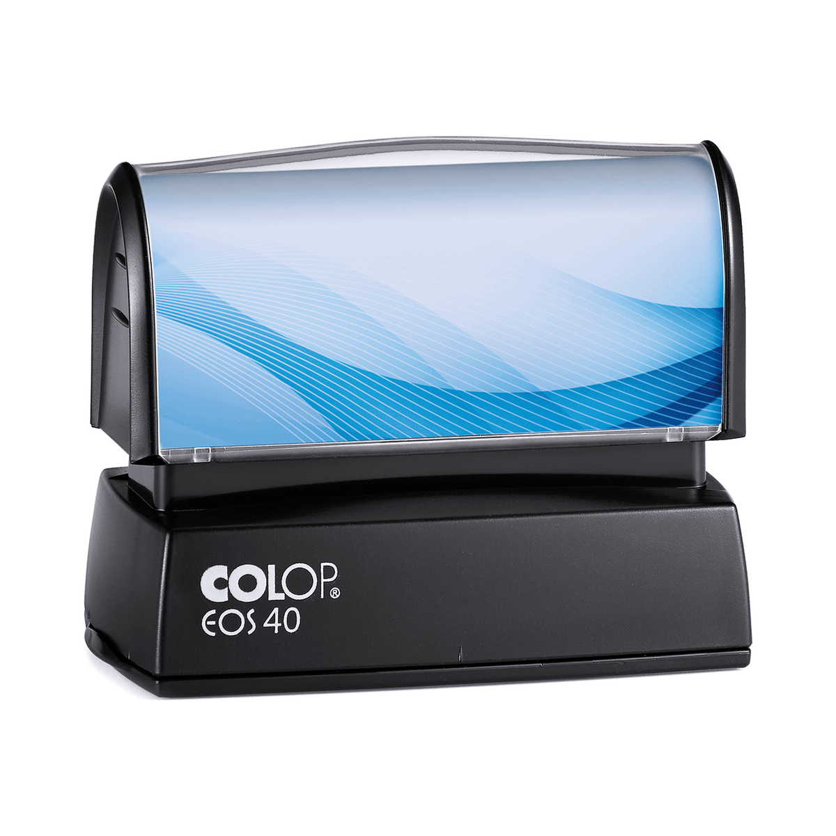 COLOP EOS 40 stamp, 59 × 23 mm, shown with a sample blue insert design
