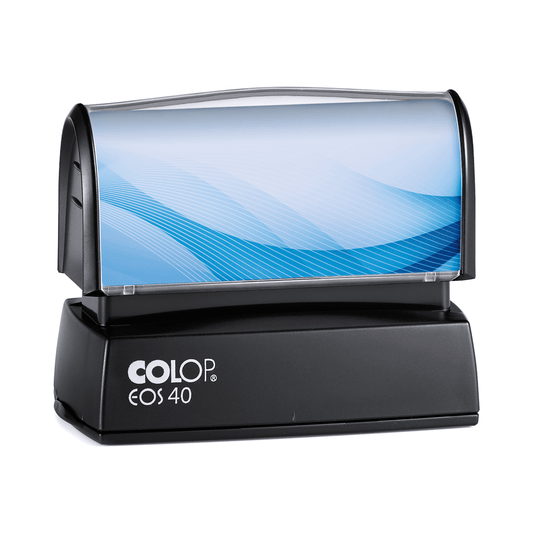 COLOP EOS 40 stamp, 59 × 23 mm, shown with a sample blue insert design