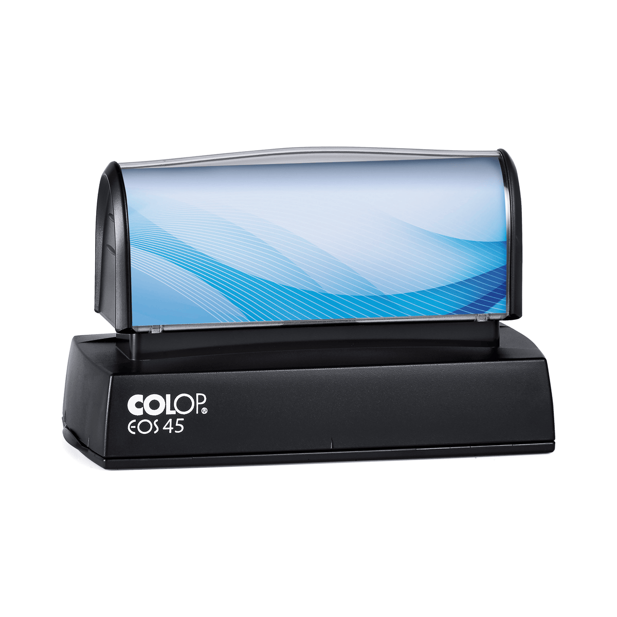 COLOP EOS 45 stamp, 82 × 25 mm, shown with a sample blue insert design
