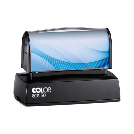 COLOP EOS 50 stamp, 70 × 30 mm, shown with a sample blue insert design
