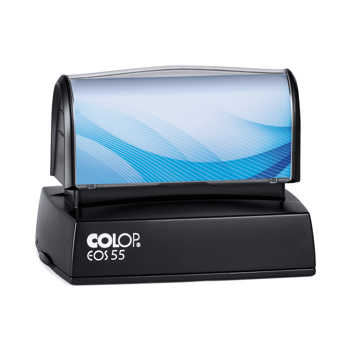 COLOP EOS 55 stamp, 63 × 40 mm, shown with a sample blue insert design