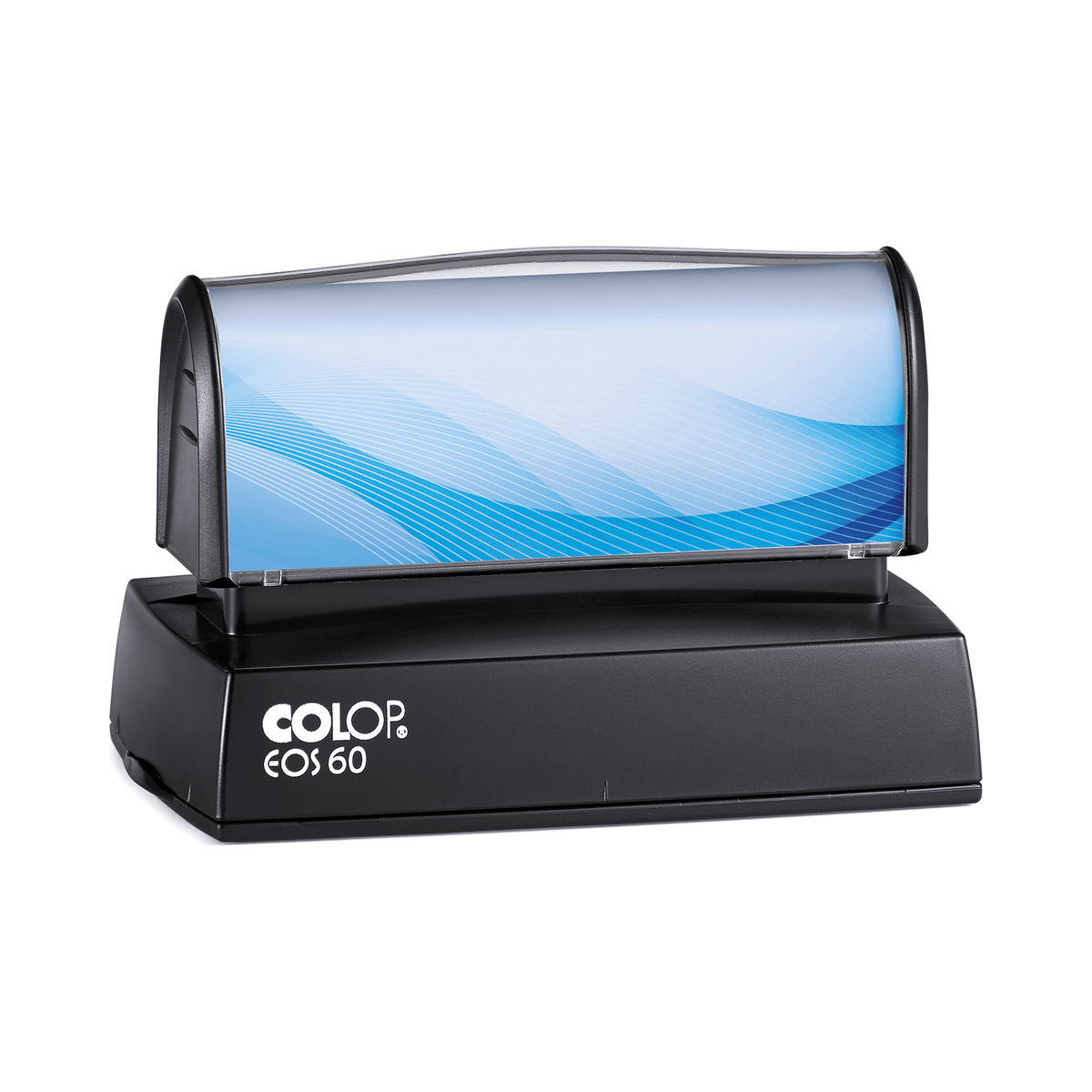 COLOP EOS 60 stamp, 76 × 38 mm, shown with a sample blue insert design