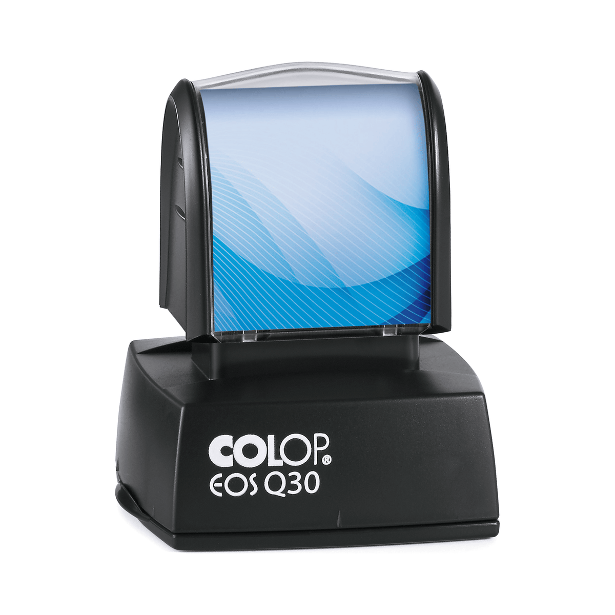 COLOP EOS Q30 stamp, 30 × 30 mm, shown with a sample blue insert design
