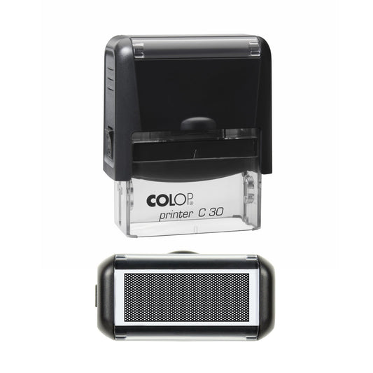 Stamp showing the Confidential Information Blackout design, 45 x 18mm COLOP C30 self-inking stamp, black ink