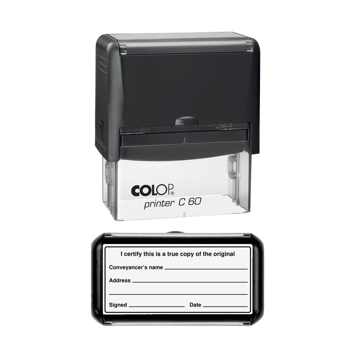 Conveyancer Certified True Copy of the Original with Name and Address stamp, 77 x 36mm COLOP C60 self-inking stamp, black ink