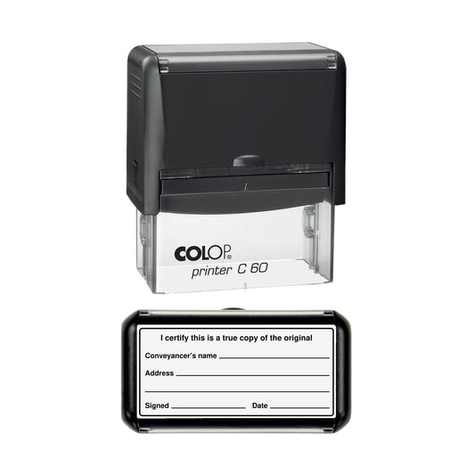 Conveyancer Certified True Copy of the Original with Name and Address stamp, 77 x 36mm COLOP C60 self-inking stamp, black ink
