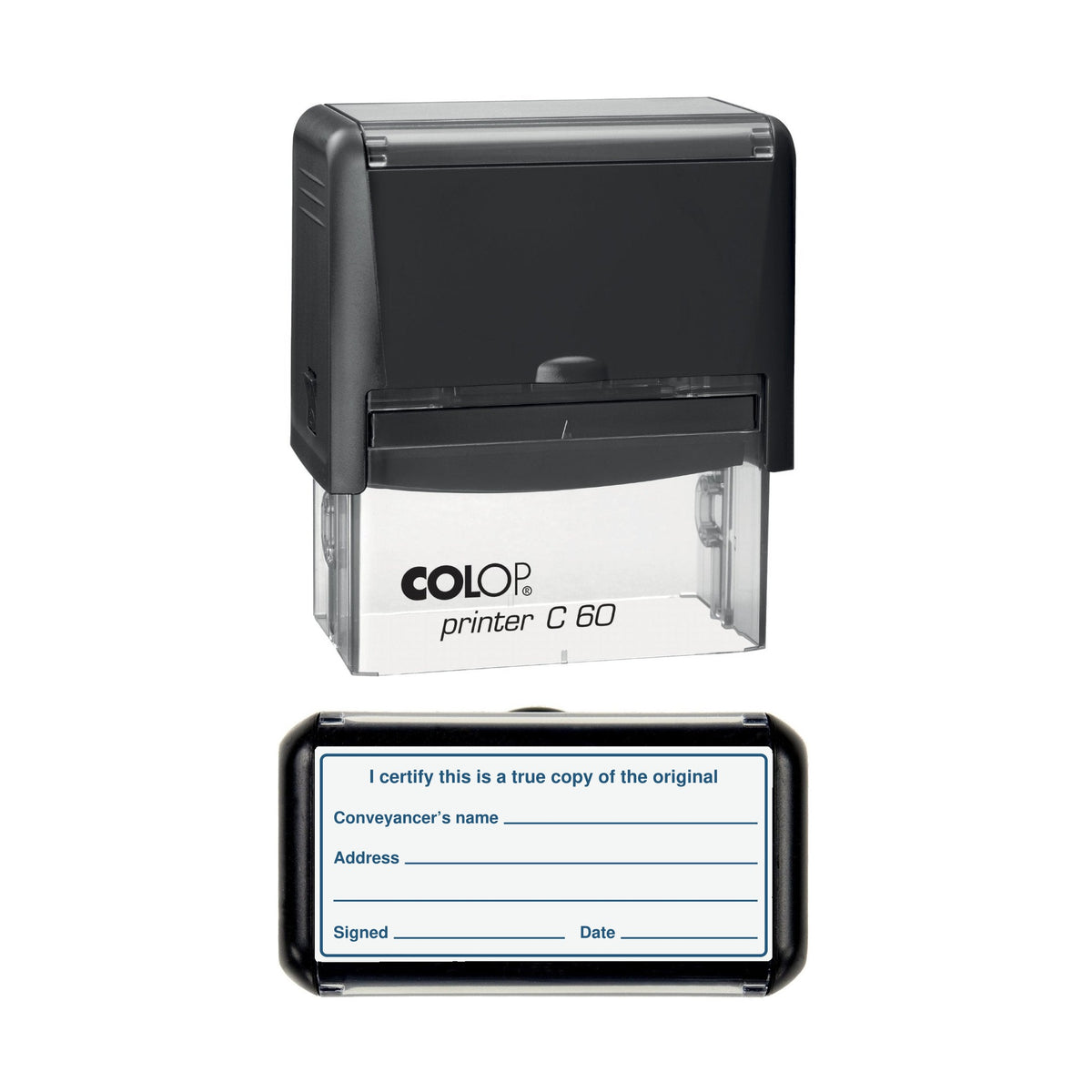 Conveyancer Certified True Copy of the Original with Name and Address stamp, 77 x 36mm COLOP C60 self-inking stamp, blue ink