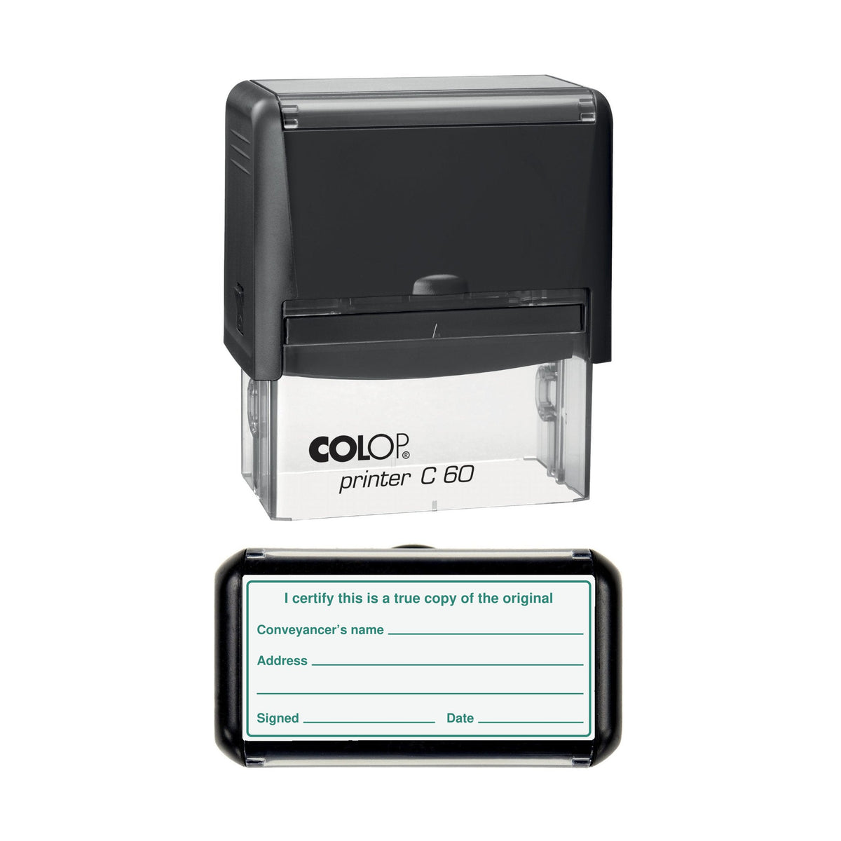 Conveyancer Certified True Copy of the Original with Name and Address stamp, 77 x 36mm COLOP C60 self-inking stamp, green ink