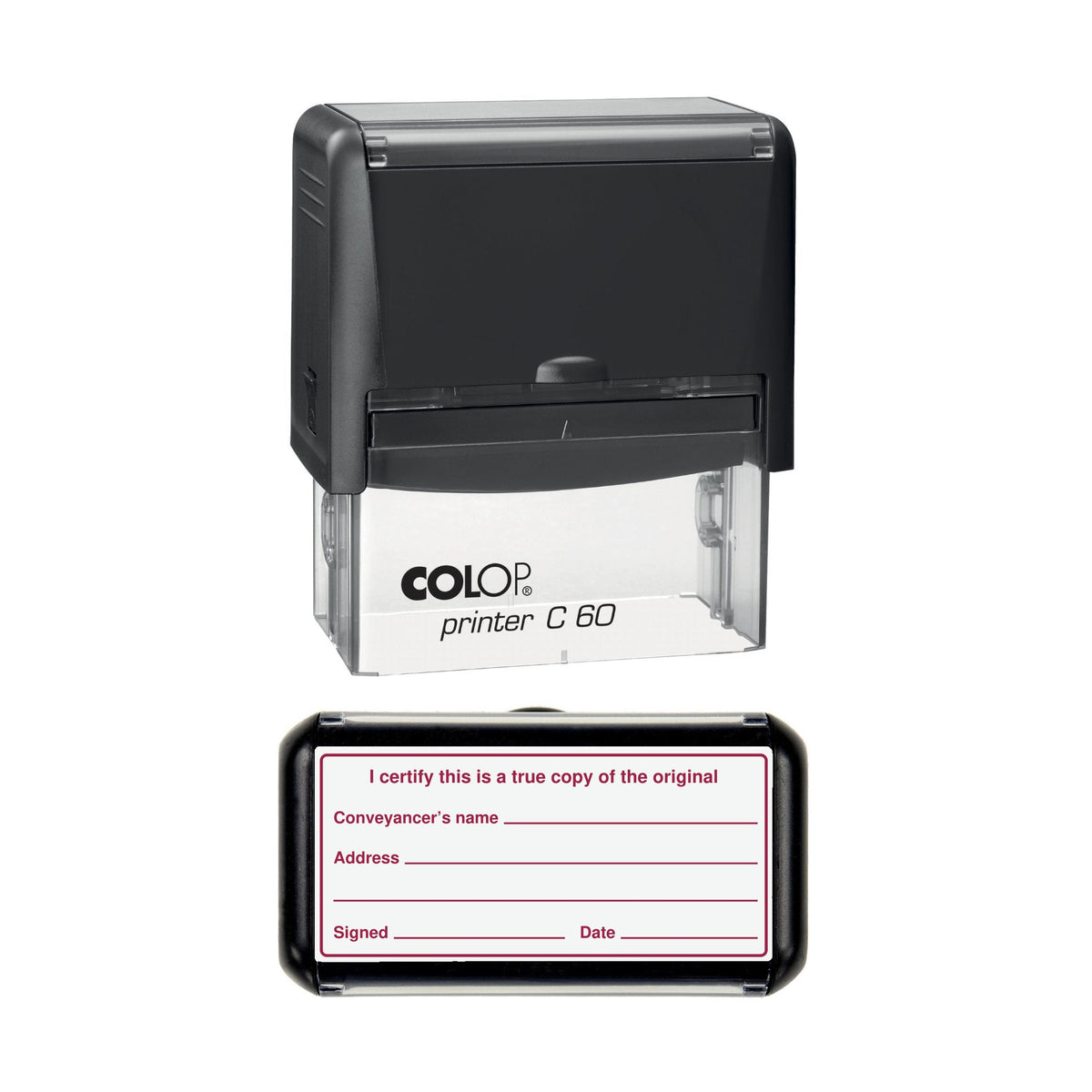 Conveyancer Certified True Copy of the Original with Name and Address stamp, 77 x 36mm COLOP C60 self-inking stamp, red ink