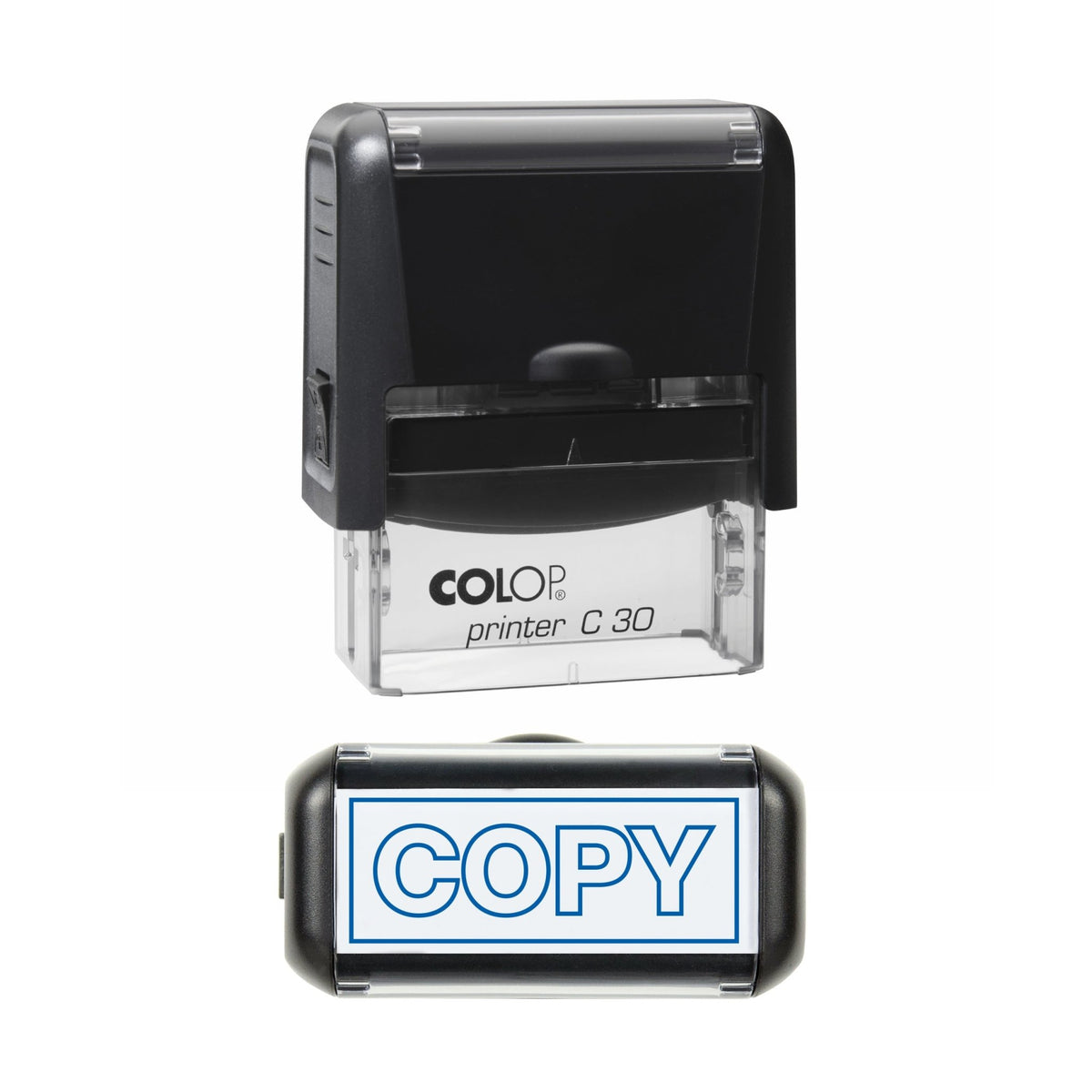 Stamp showing the Copy Outline design, 45 x 18mm COLOP C30 self-inking stamp, blue ink