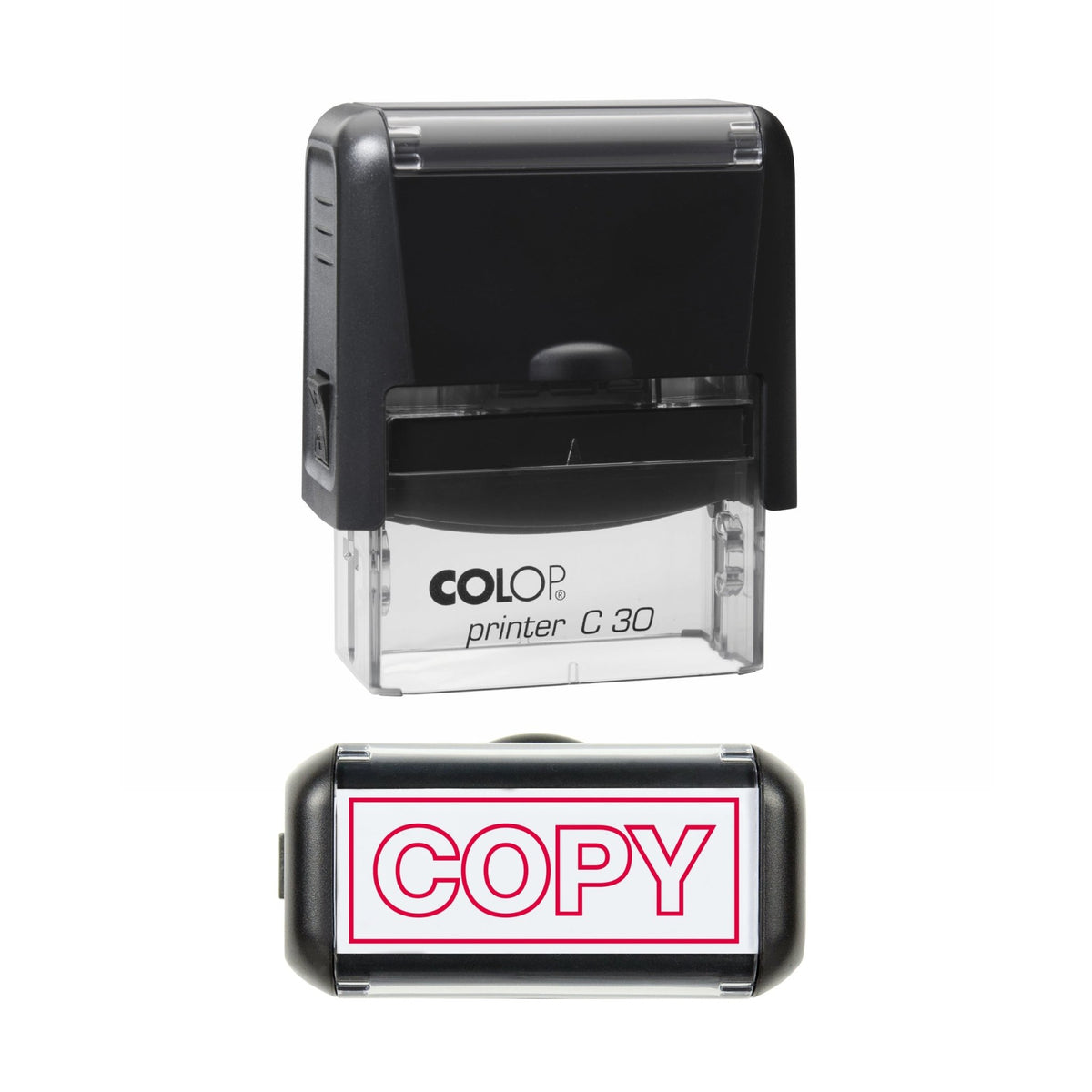 Stamp showing the Copy Outline design, 45 x 18mm COLOP C30 self-inking stamp, red ink