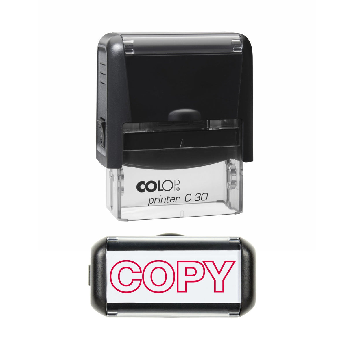 Stamp showing the Copy Outline design, 45 x 18mm COLOP C30 self-inking stamp, red ink