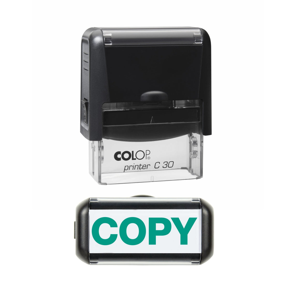 Stamp showing the Copy design, 45 x 18mm COLOP C30 self-inking stamp, green ink