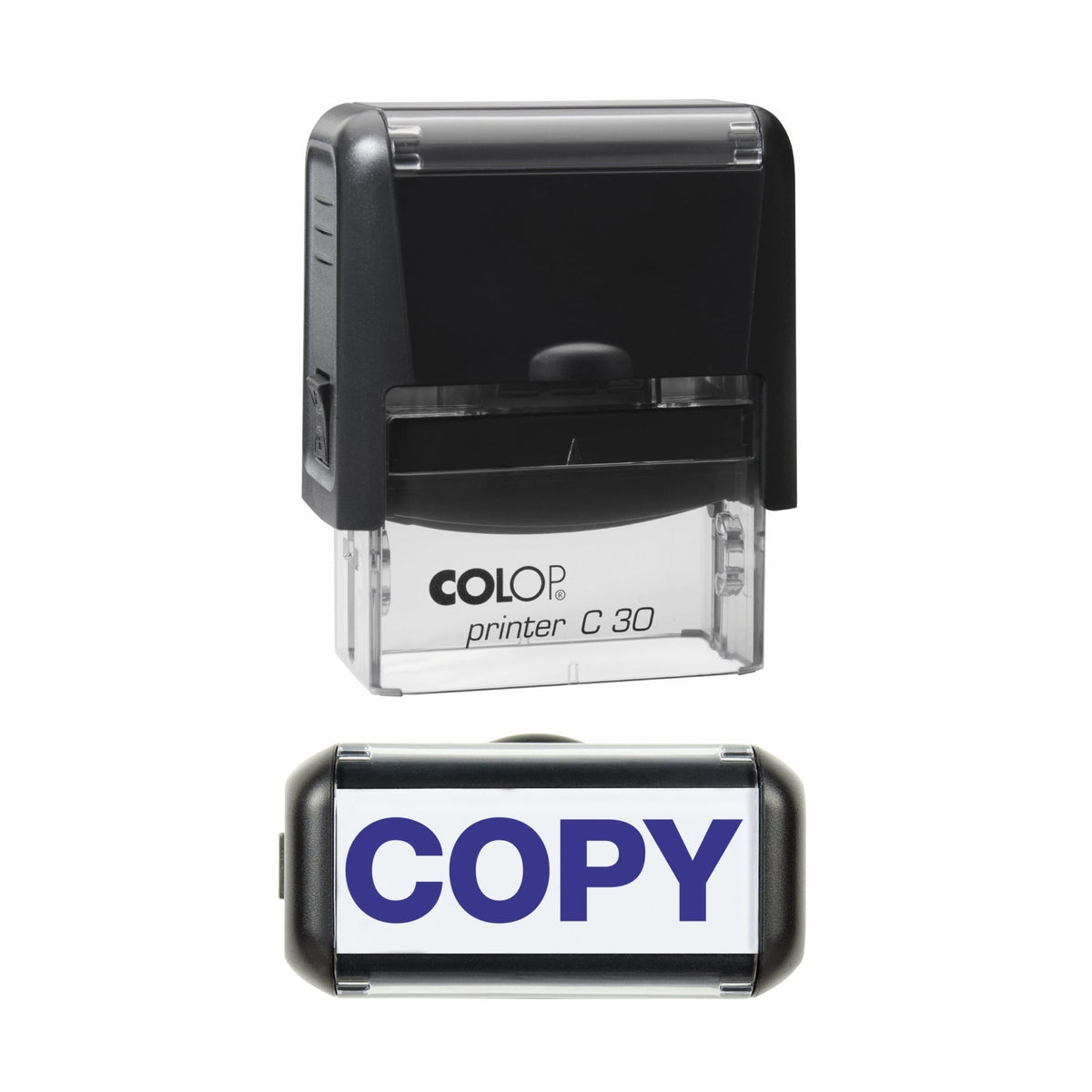 Stamp showing the Copy design, 45 x 18mm COLOP C30 self-inking stamp, violet ink