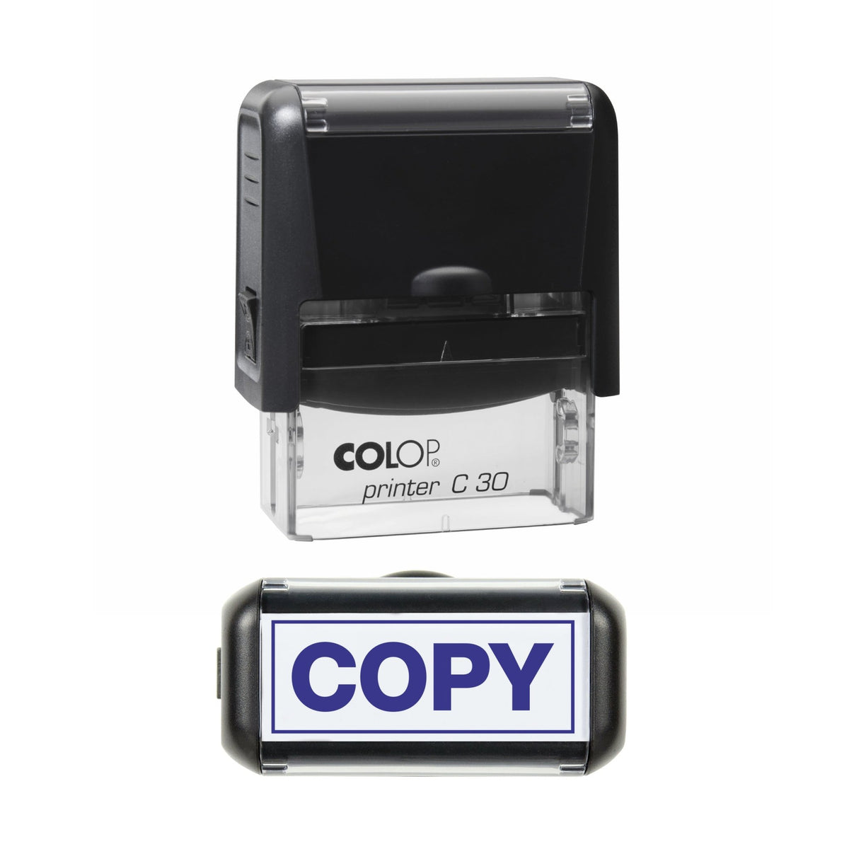 Stamp showing the Copy with Border design, 45 x 18mm COLOP C30 self-inking stamp, violet ink
