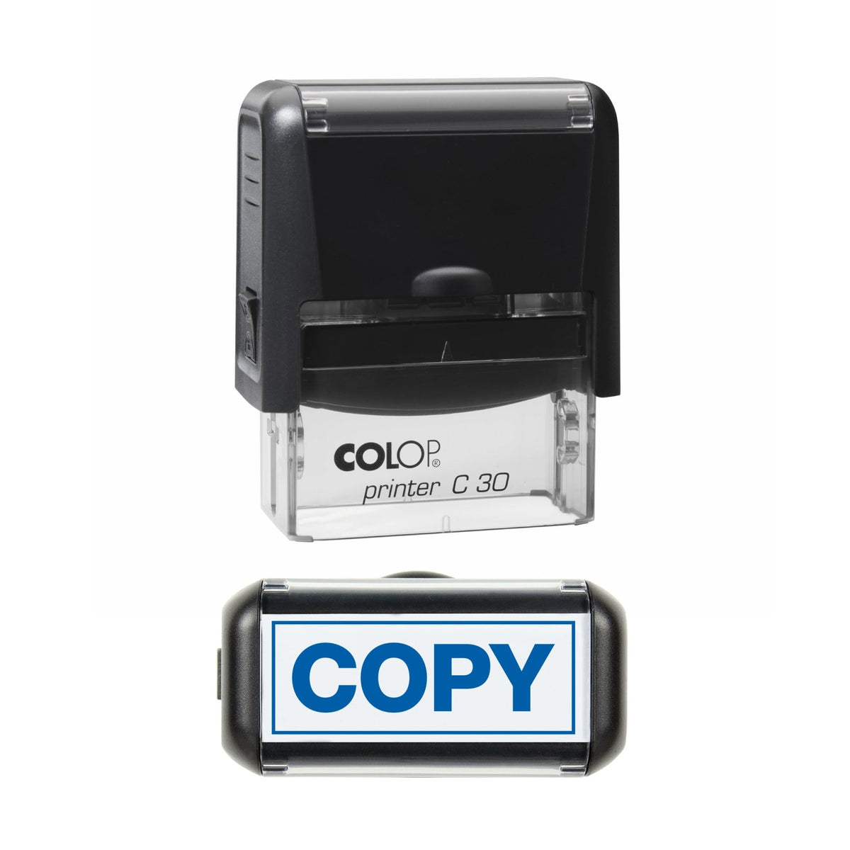 Stamp showing the Copy with Border design, 45 x 18mm COLOP C30 self-inking stamp, blue ink