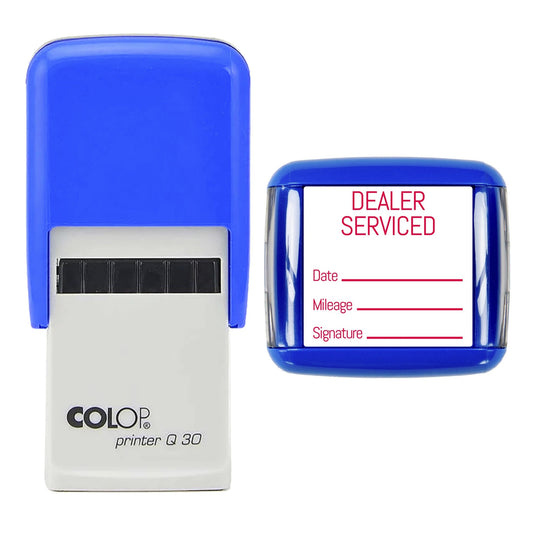 Stamp showing the Dealer Serviced design, 30 x 30mm COLOP Q30 self-inking stamp, red ink