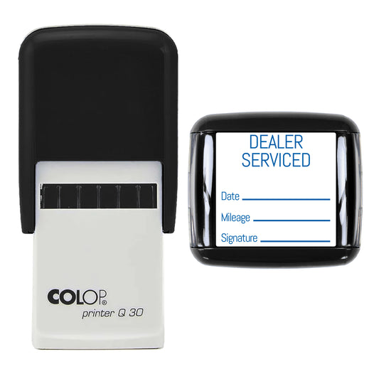 Stamp showing the Dealer Serviced design, 30 x 30mm COLOP Q30 self-inking stamp, blue ink