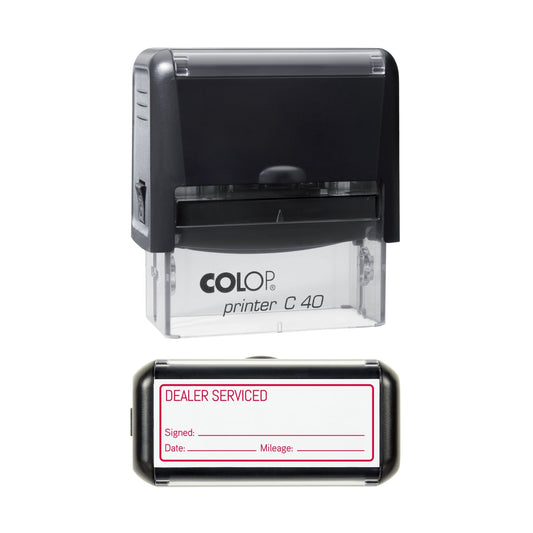 Stamp showing the Dealer Serviced design, 58 x 22mm COLOP C40 self-inking stamp, red ink