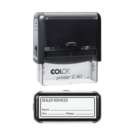 Stamp showing the Dealer Serviced design, 58 x 22mm COLOP C40 self-inking stamp, black ink