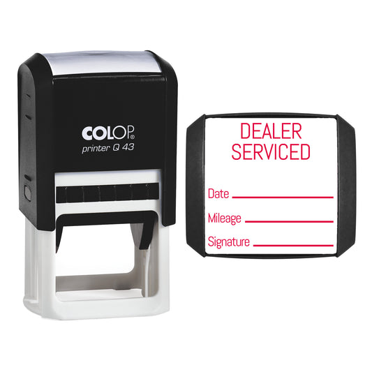 Stamp showing the Dealer Serviced design, 43 x 43mm COLOP Q43 self-inking stamp, red ink