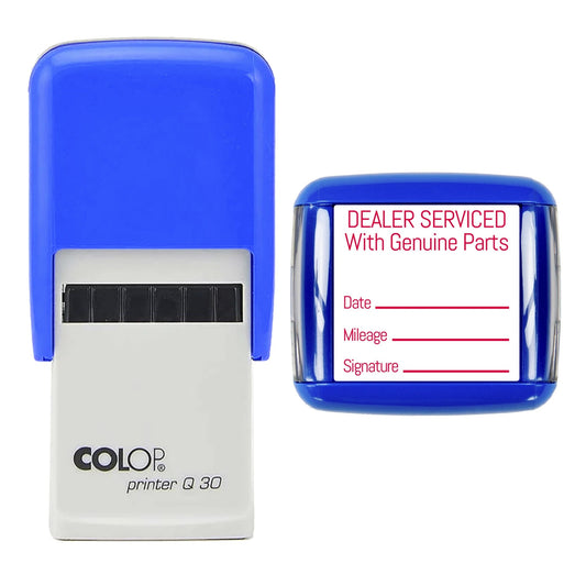 Stamp showing the Dealer Serviced With Genuine Parts design, 30 x 30mm COLOP Q30 self-inking stamp, red ink