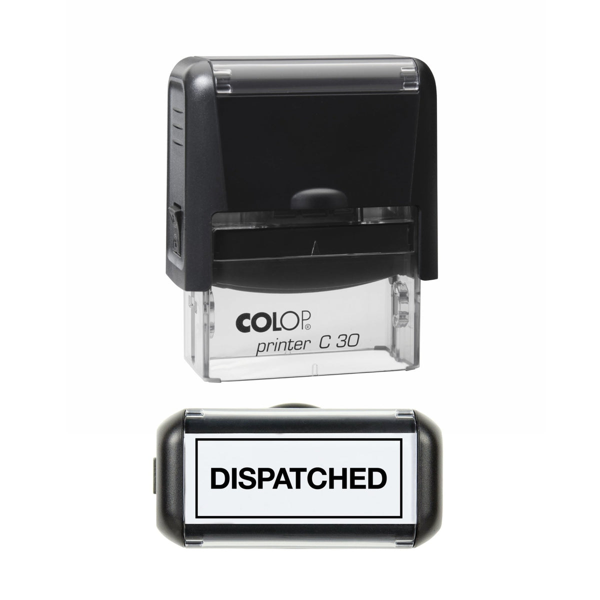Stamp showing the Dispatched with Border design, 45 x 18mm COLOP C30 self-inking stamp, black ink