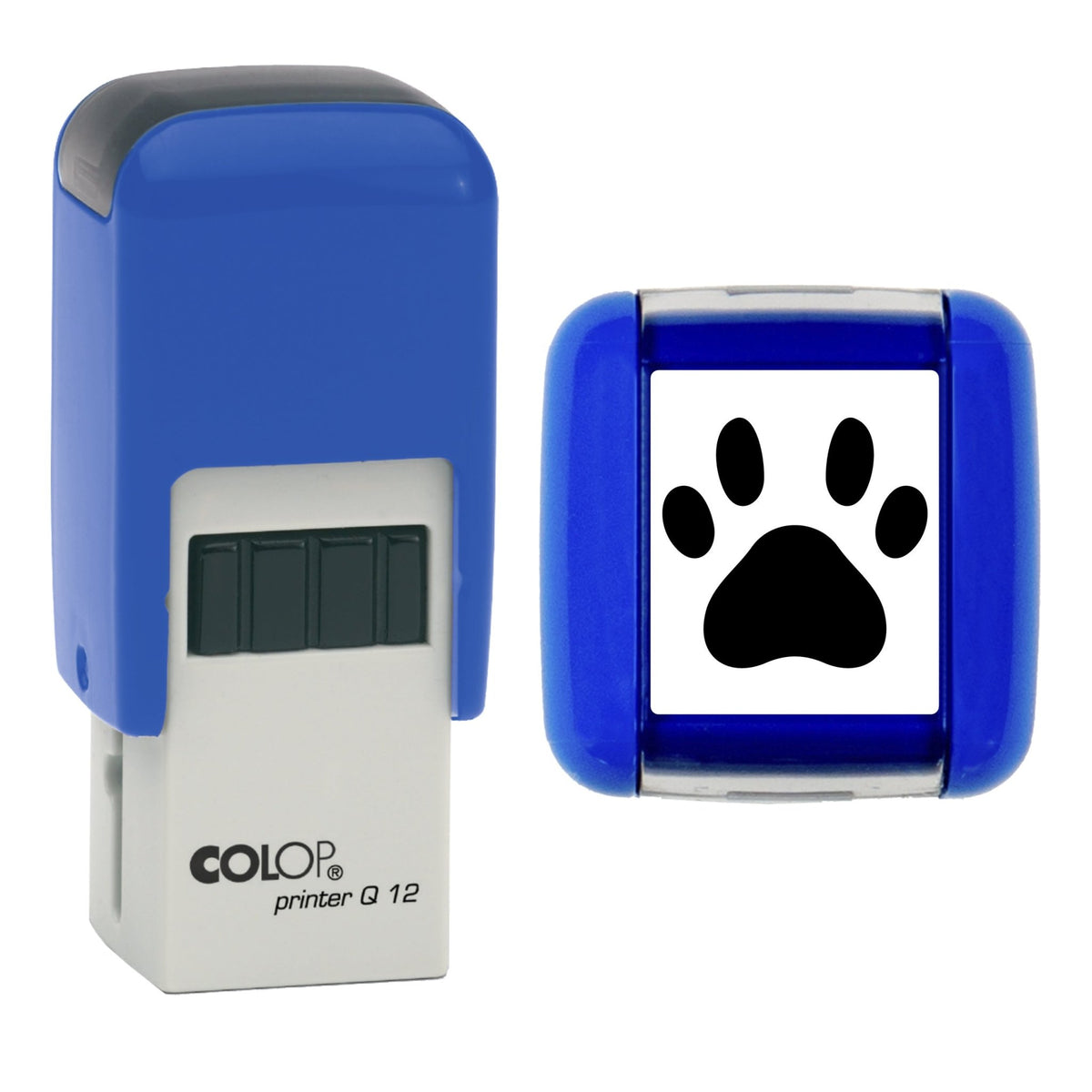 Stamp showing dog paw print symbol, 12 x 12mm COLOP Q12 self-inking stamp, black ink