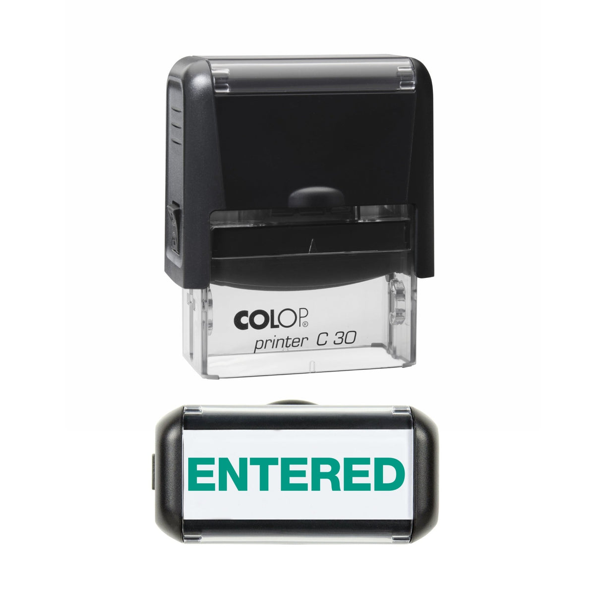 Stamp showing the Entered design, 45 x 18mm COLOP C30 self-inking stamp, green ink