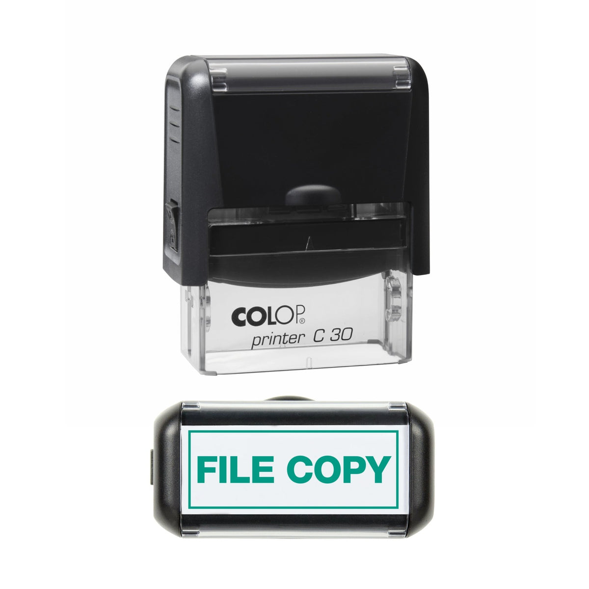 Stamp showing the File Copy with Border design, 45 x 18mm COLOP C30 self-inking stamp, green ink