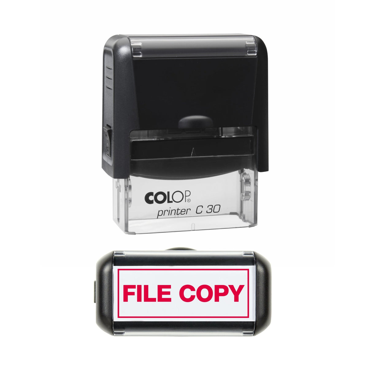 Stamp showing the File Copy with Border design, 45 x 18mm COLOP C30 self-inking stamp, red ink