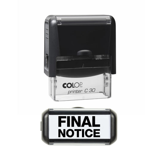 Stamp showing the Final Notice design, 45 x 18mm COLOP C30 self-inking stamp, black ink