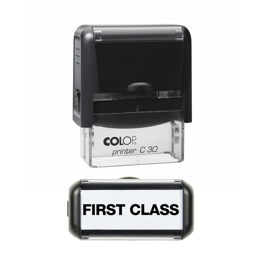 Stamp showing the First Class design, 45 x 18mm COLOP C30 self-inking stamp, black ink