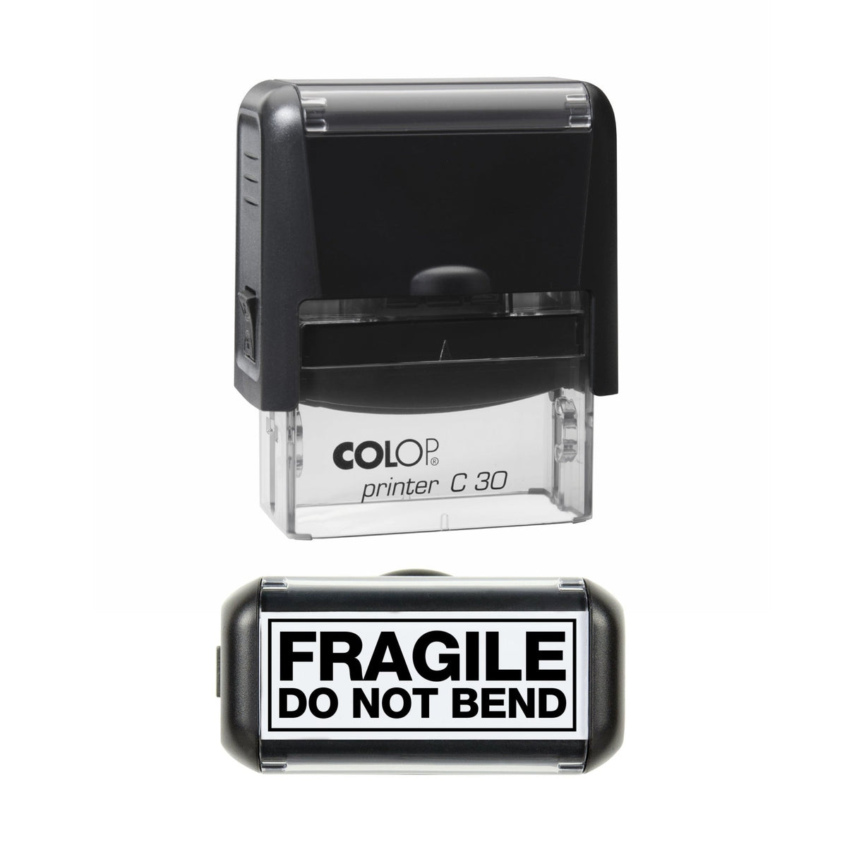 Stamp showing the Fragile Do Not Bend design, 45 x 18mm COLOP C30 self-inking stamp, black ink