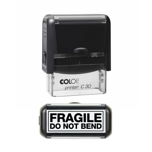 Stamp showing the Fragile Do Not Bend design, 45 x 18mm COLOP C30 self-inking stamp, black ink