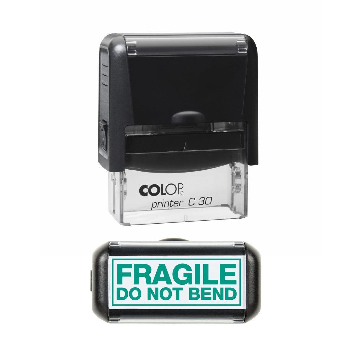 Stamp showing the Fragile Do Not Bend design, 45 x 18mm COLOP C30 self-inking stamp, green ink