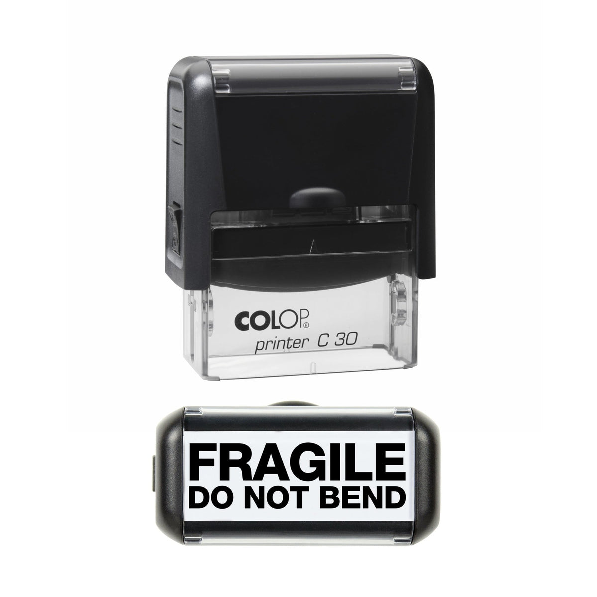 Stamp showing the Fragile Do Not Bend design, 45 x 18mm COLOP C30 self-inking stamp, black ink