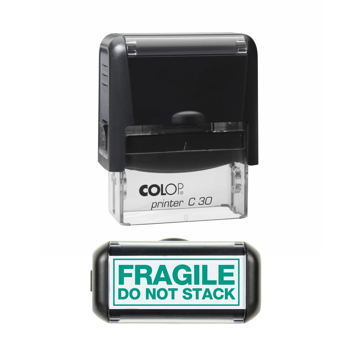 Stamp showing the Fragile Do Not Stack design, 45 x 18mm COLOP C30 self-inking stamp, green ink