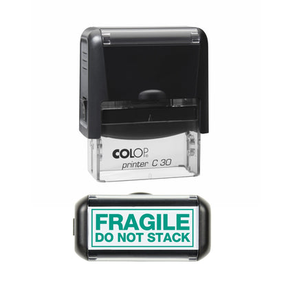 Stamp showing the Fragile Do Not Stack design, 45 x 18mm COLOP C30 self-inking stamp, green ink