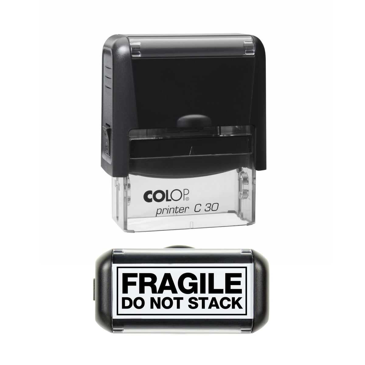 Stamp showing the Fragile Do Not Stack design, 45 x 18mm COLOP C30 self-inking stamp, black ink