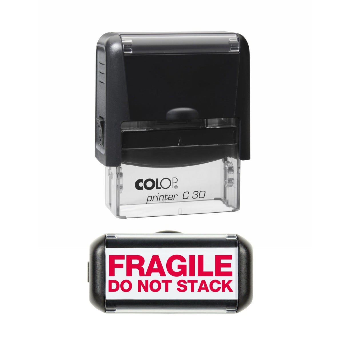 Stamp showing the Fragile Do Not Stack design, 45 x 18mm COLOP C30 self-inking stamp, red ink