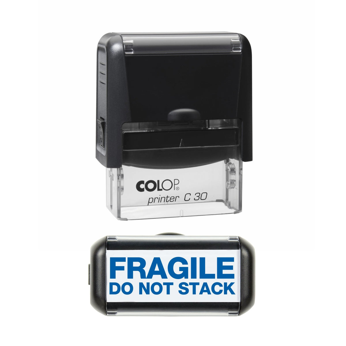 Stamp showing the Fragile Do Not Stack design, 45 x 18mm COLOP C30 self-inking stamp, blue ink