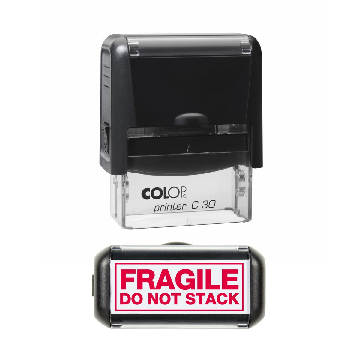 Stamp showing the Fragile Do Not Stack design, 45 x 18mm COLOP C30 self-inking stamp, red ink